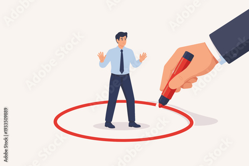 Conceptual flat vector illustration of a giant hand drawing a red line circle around a worried businessman, depicting restriction, personal boundaries, social distancing, and isolation.