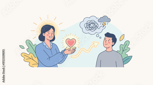 Woman Sharing Positive Energy and Love with a Man Experiencing Mental Stress and Confusion, Concept of Emotional Support, Empathy, Therapy, Counseling, and Mental Health Wellness Illustration