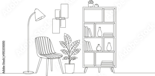 Continuous line drawing of a modern living room interior featuring a bookshelf armchair floor lamp and potted plant