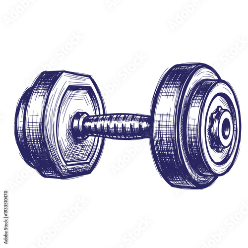 Sketch of a blue dumbbell with hexagonal and round weights on either end  isolated on white background