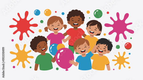Happy diverse kids balloons paint splatters