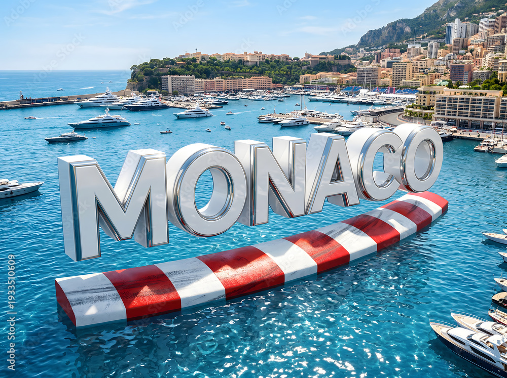 Fototapeta premium Luxury White Yacht Fiberglass 3D Typography Monaco with F1 Curbs