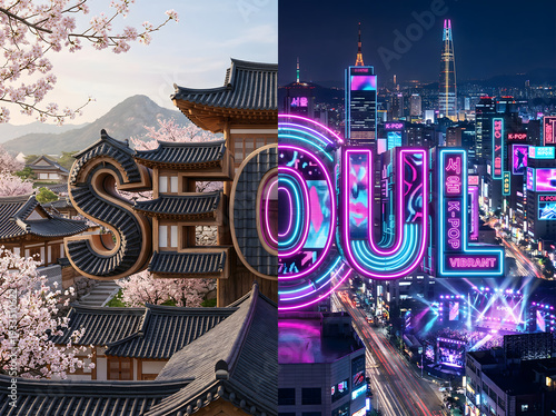Traditional Hanok Roof and Glowing Neon 3D Typography Seoul