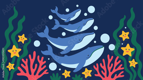 Happy Whales Starfish Ocean Vector
