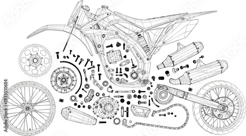 Detailed wireframe illustration of a motocross bike featuring exploded views of engine parts exhaust systems and drivetrain