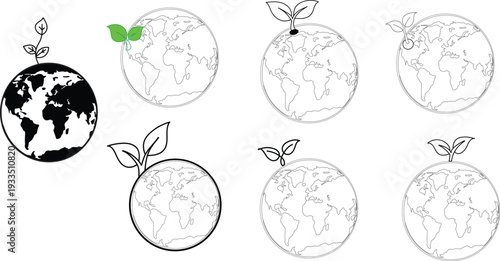 Earth planet with sprouting plants and leaves globe