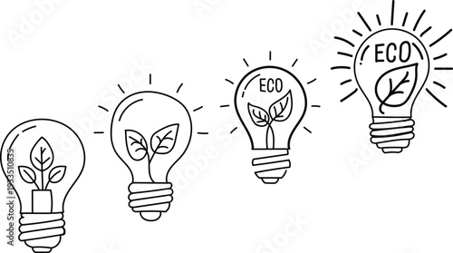 Four light bulbs with plants and eco text leaf green energy