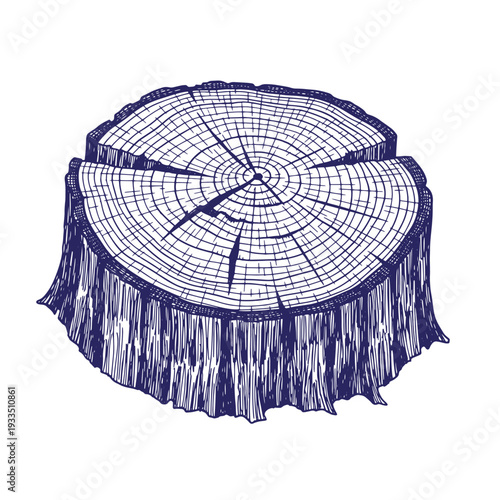 Tree stump crosssection with visible growth rings and rough bark texture  detailed illustration