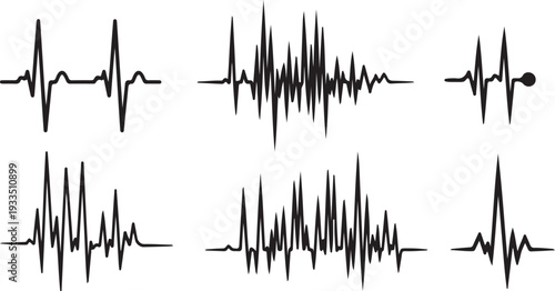 Six black electrocardiogram heart rate line graphs