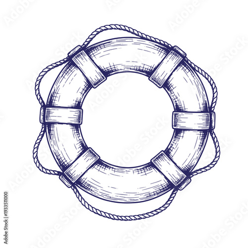 Vintage lifebuoy with rope isolated on white background  nautical safety equipment