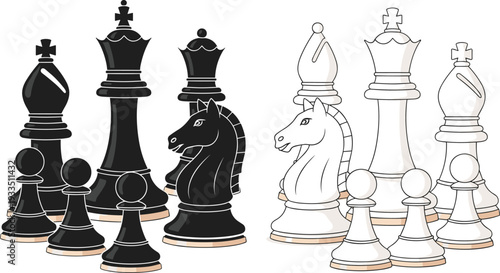 Chess Pieces Set with Black and White King Queen Bishop Knight Rook and Pawn Strategy Board Game Vector Illustration