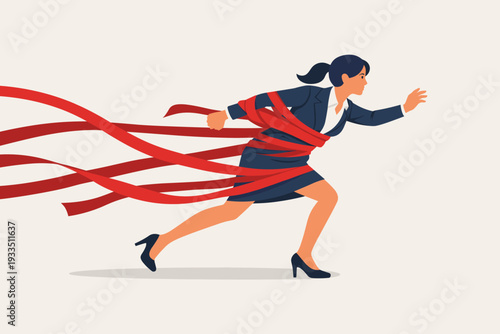Businesswoman Struggling Against Red Tape and Bureaucracy, Professional Woman Running with Obstacles and Limitations, Concept of Career Challenges, Overcoming Corporate Hurdles and Success.