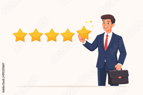 Successful businessman in a professional suit holding a briefcase and placing a fifth golden star for a top rating. Concept of customer satisfaction, positive feedback, excellence, and success.