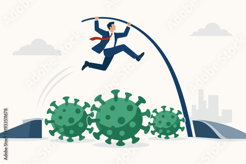 Businessman in Suit Pole Vaulting Over Large Green Coronavirus Cells to Overcome Financial Crisis and Economic Challenges, Concept of Business Resilience, Leadership, and Recovery During Pandemic