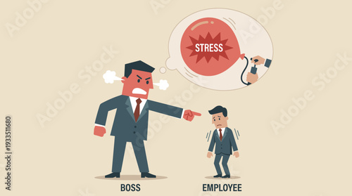 Angry Boss Shouting at Stressed Employee, Toxic Work Environment and Bad Leadership Concept. Metaphor of Increasing Pressure with Stress Balloon About to Pop, Business Conflict and Work Burnout.