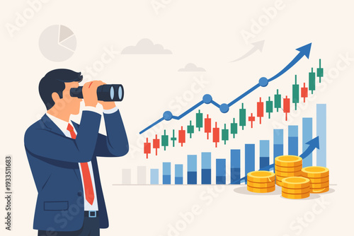 Businessman with binoculars looking at rising stock market chart with candlestick graphs, bar charts, and gold coins. Concept of financial vision, investment strategy, trading, and success.