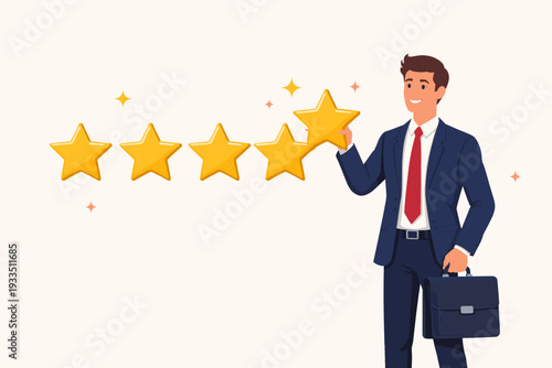 Businessman in a professional suit holding a briefcase and placing the fifth gold star for a five-star rating, representing customer satisfaction, feedback, quality service, and business excellence.