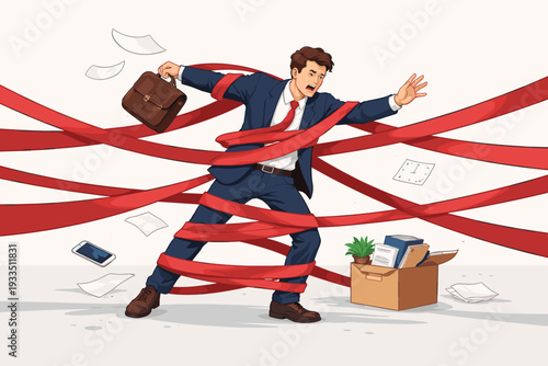 Businessman Trapped in Red Tape Symbolizing Bureaucracy, Business Failure, and Corporate Obstacles; Frustrated Professional Struggling to Move Forward Amidst Career Setbacks and Job Loss Illustration