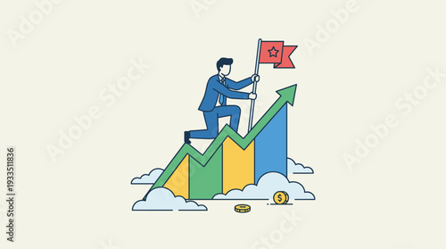 Businessman in a Professional Suit Climbing a Rising Financial Bar Chart and Planting a Red Flag at the Peak, Symbolizing Success, Achievement, Business Growth, and Reaching Career Milestones.