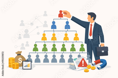 Businessman building a multi-level marketing MLM pyramid structure with colorful icons, money bags, and coins. Concept of financial organization, network marketing, recruitment and hierarchy.
