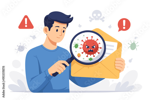 Man Inspecting Email Letter in Envelope with Magnifying Glass Revealing Dangerous Virus and Malware, Concept of Cyber Security Threat, Phishing Scam, Spam Alert, and Digital Protection Awareness