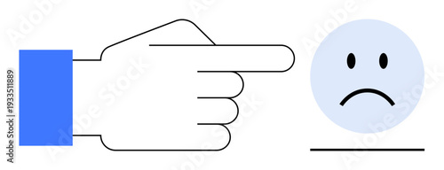 Blame concept. Hand gesture pointing towards a sad face blame, guilt, or criticism in a minimalistic design. Blame visual metaphors for emotions, workplace, accountability, conflict, and mental