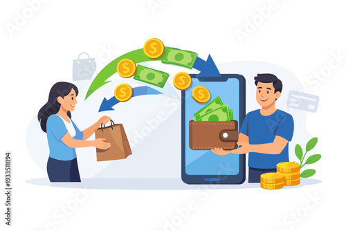 Online Cashback Concept with Man Receiving Money Rewards for a Buyer. Digital Wallet on Smartphone Screen with Coins and Cash Transfer. E-wallet Payment and Financial Technology Illustration.