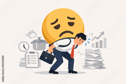 Overworked Businessman Carrying Huge Sad Emoji on Back Representing Work Pressure, Stress, and Burnout in Corporate Environment with Deadlines, Paperwork, and Household Responsibilities Concept