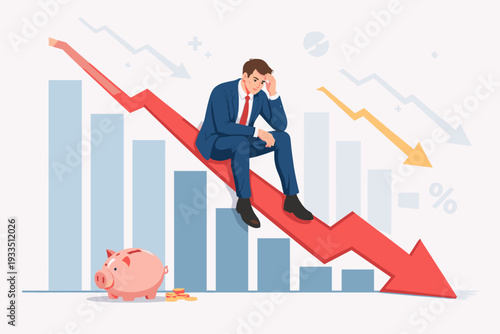 Stressed Businessman Sitting on a Falling Red Stock Market Arrow with an Empty Piggy Bank and Declining Bar Charts, Representing Financial Crisis, Economic Recession, Bankruptcy, and Loss of Savings.