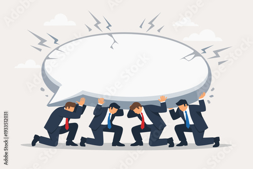 Businessmen kneeling and carrying a giant cracked speech bubble on their shoulders, conceptual illustration of the weight of words, negative communication, stress, and collective responsibility.