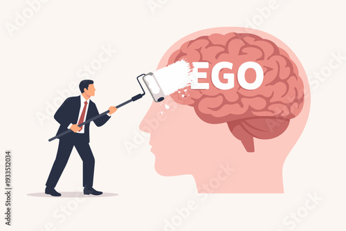 Businessman using a paint roller to erase the word ego from a human brain silhouette, concept of overcoming selfishness, personal growth, mental health, humility, and character development.