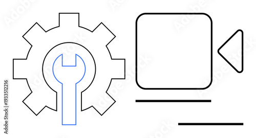 Gear with spanner inside beside video camera icon implying configuration, editing, or technology tools. Ideal for tech systems, media control, filmmaking, engineering, tutorials, settings