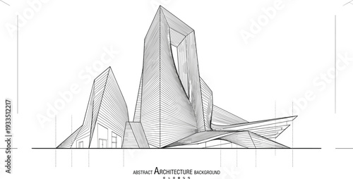 Professional black vector architecture illustration of angled parametric mountain skyscraper with cantilevered wing and topographical geometric facets