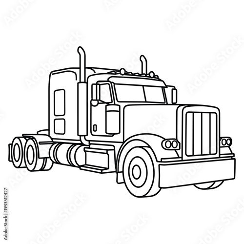 Classic semi truck black and white vector outline drawing isolated on white