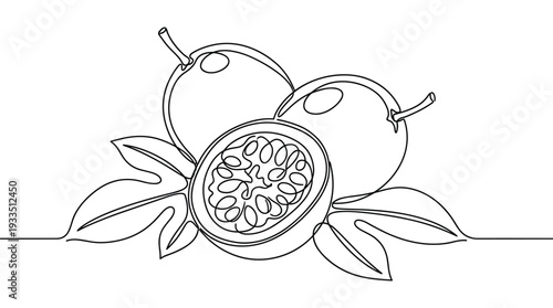 Continuous one line drawing of passion fruit two whole and one half cut fruits