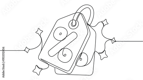 Continuous line drawing of two discount or price tags with a percentage sign