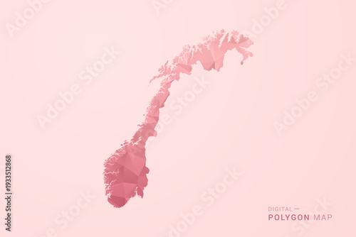 Norway Map - Polygon Style Vector Illustration in Soft Pink Valentine Theme, Low Poly Geometric Design, Isolated on Pastel Background.