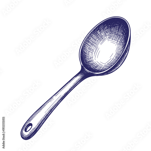 blue illustration of a slotted spoon with a long handle and oval bowl for draining liquids