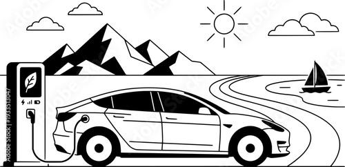 Electric Car Charging on Road Trip Vector, Black and White Green Travel Design
