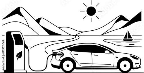 Electric Car Charging on Road Trip Vector, Black and White Green Travel Design

