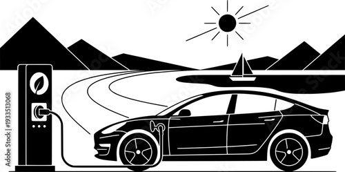Electric Car Charging on Road Trip Vector, Black and White Green Travel Design
