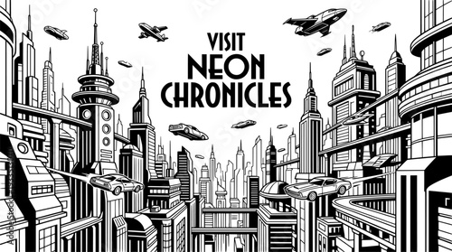 Futuristic City Skyline and Air Taxis Vector, Black and White Future Travel
