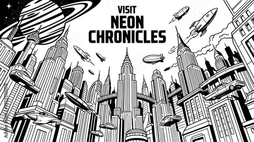 Futuristic City Skyline and Air Taxis Vector, Black and White Future Travel
