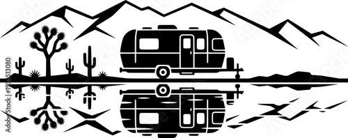 Camper Trailer by Lake Vector Illustration, Black and White Outdoor Travel Art
