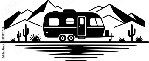 Camper Trailer by Lake Vector Illustration, Black and White Outdoor Travel Art
