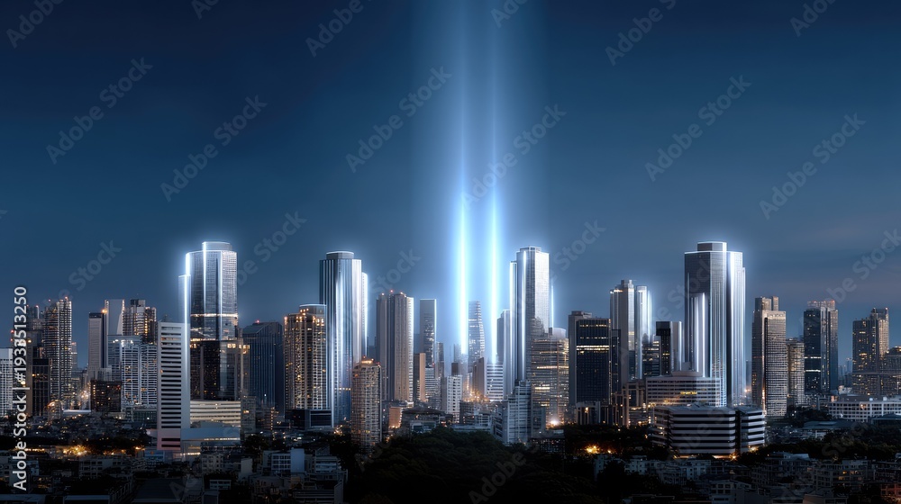 Fototapeta premium Shining Beams Emanate from Urban Skyline in Night Cityscape with Modern Skyscrapers and Bright Lights