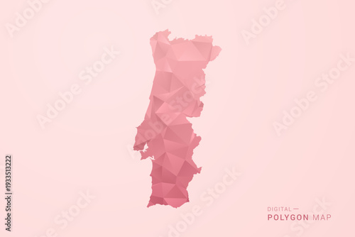 Portugal Map - Polygon Style Vector Illustration in Soft Pink Valentine Theme, Low Poly Geometric Design, Isolated on Pastel Background.