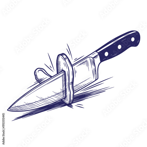 Drawing of a kitchen knife with a sharpener on a white surface  kitchen utensils for cooking and food preparation