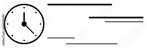 Time management, productivity, efficiency, scheduling, organization, deadlines. Clock with moving lines conveying motion and speed. Time management and productivity concept