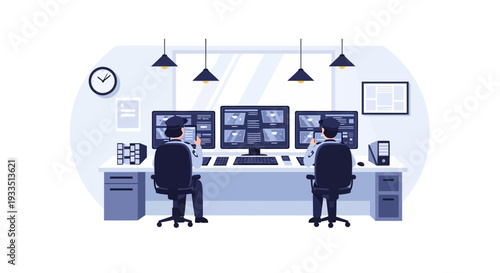 Vector illustration of two businessmen working together at a desk with multiple computer monitors in a modern office setting with a professional and productive mood